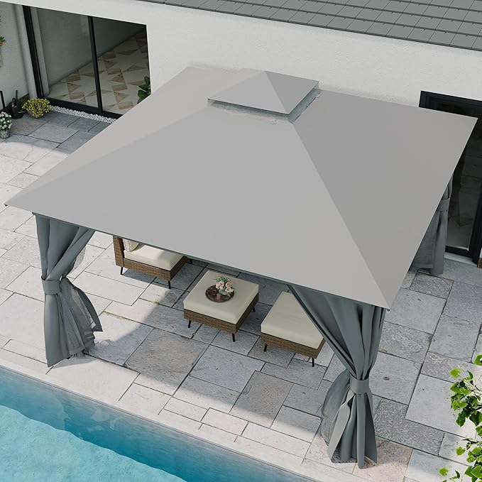 LAUSAINT HOME Gazebo 12x12ft, Heavy Duty Patio Gazebo with Expansion Bolts, Party Canopy Tent with Double Roofs, Mosquito Nettings and Privacy Screens for Backyard, Garden, Lawn, Grey