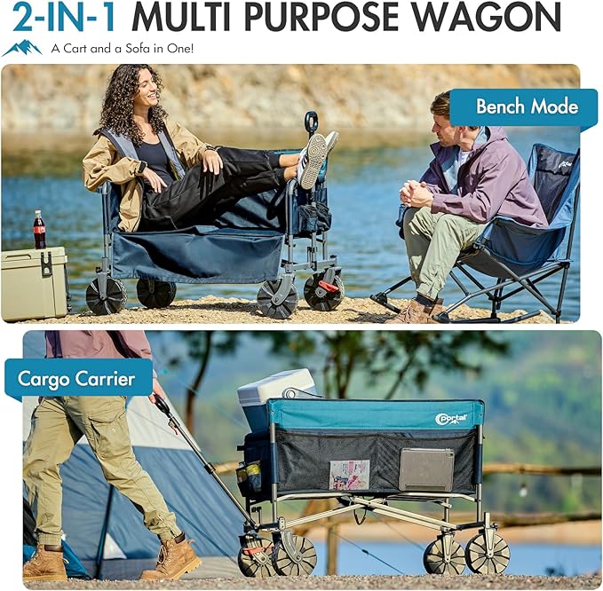 Portal 3-in-1 500lbs Utility Wagon Turn to Bench Seat,Wagon with Love-Seat for 2 Adults,Foldable Beach Wagon Chair with Adjustable Handle &Wheels Brake, Suitable for Groceries, Beach, Sports, Camping