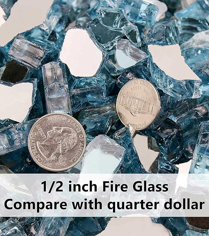 GRISUN Aqua Blue Fire Glass for Fire Pit , 1/2 Inch High Luster Reflective Tempered Glass Rocks for Natural or Propane Fireplace, Safe for Outdoors and Indoors Firepit Glass, 10 Pounds