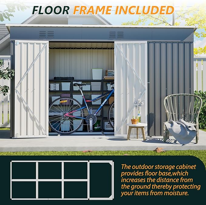 Outdoor Storage Shed, 10 X 4 FT Large Metal Utility Tool Sheds with Floor Base & Wood Storage, Steel Garden Shed with Updated Frame Structure for Backyard Patio Lawn, Grey