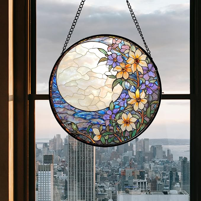 JOSUMALY Stained Glass Window Hanging - White Purple Moon Flowers Suncatcher for Door Terrace Garden Home Decor Landscape Sun Catcher Birthday Gifts for Lovers Women Men Dad Mom Nana 11.8 in