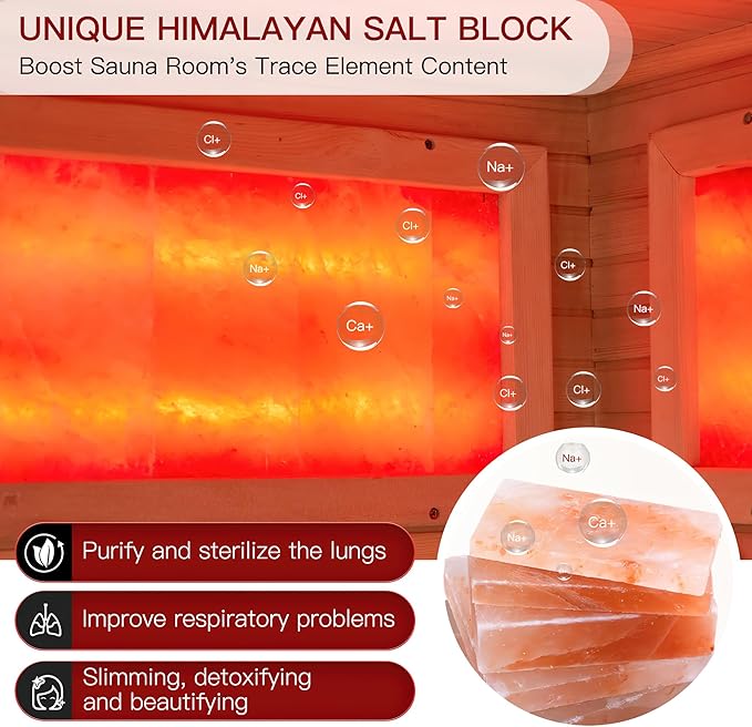 Full Spectrum Infrared Sauna, 3-4 Person Home Sauna with 6 Heating Tubes&4 Carbon Plates,Indoor Dry Sauna with Himalayan Salt Panel and LCD Control Panel