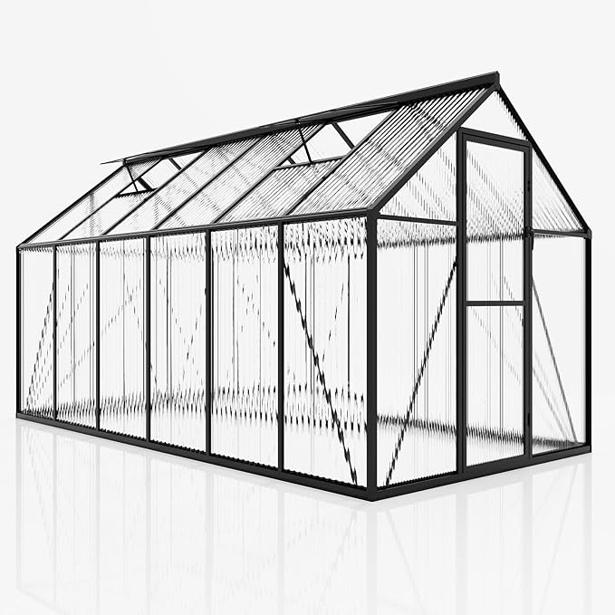 AMERLIFE 6x12 Ft Polycarbonate Greenhouse for Outdoors, Walk-in Design with Aluminum Frame, 2 Windows and Swing Door, Heavy-Duty Greenhouse Construction for Garden, Black