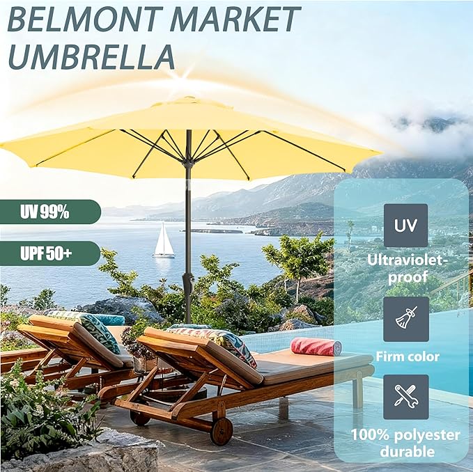 9FT Large Outdoor Patio Umbrella Market Table Umbrella-UV Resistant, Easy Push Button Tilt and Crank, 8 Sturdy Ribs Heavy-Duty Pool Umbrella for Deck, Backyard,Garden,Yellow