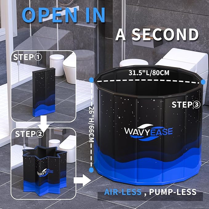 WAVYEASE® Portable Bath Tub for Adults -(31.5"L x 26"H) Foldable Cold Plunge Tub for Recovery - Collapsible Soaking Bath Tub for Shower Stall - Outdoor Ice Bathtub for Athletes (Black)
