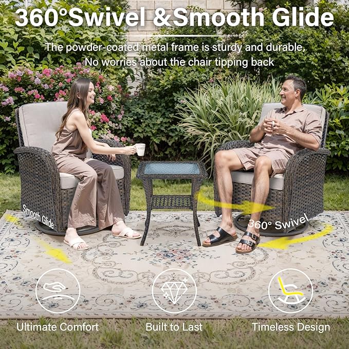 Patio Furniture Swivel Glider PE Wicker Chairs, Outdoor Swivel Rocker Seating with Cushions for Porch Deck Balcony, Brown/Beige