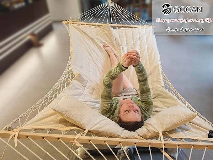 GOCAN Mesh Hammock,Cotton Rope hammocks with Pad Chains Hooks Tree Straps fit Stands from 9' to 15' for Outside Indoor Patio Yard
