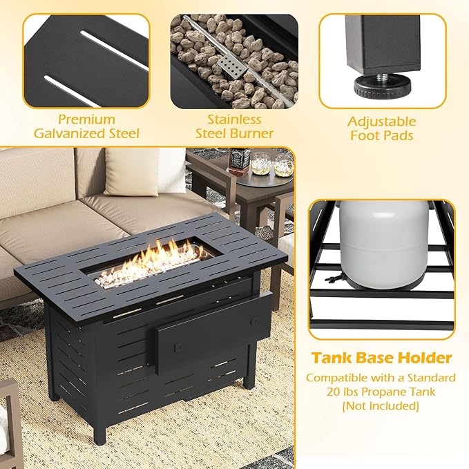 Tangkula Outdoor Propane Fire Pit Table, 40 Inch ETL Certified Outside Rectangle Gas Fire Table with Lava Rocks, Removable Lid and Protective Cover for Patio, Garden, Deck and Backyard (Black)