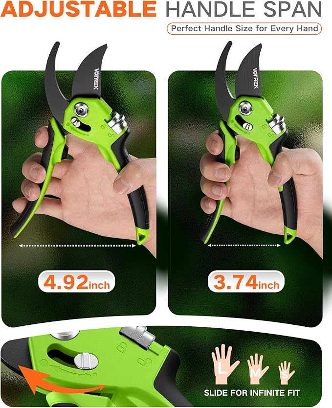 Pruning Shears for Gardening - 8.5" Garden Clippers with SK5 Blade, Stepless Adjustable Handle for All Hand, Ergonomic Bypass Plant Pruners Scissors for Heavy Duty Branch Bush Rose Tool