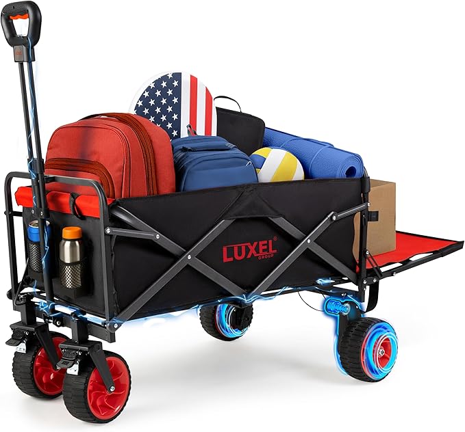 Electric Foldable Collapsible Wagon Cart 220lbs Capacity - Heavy Duty Wagons 200L with All Terrain Wheels & Tailgate - Beach Canvas Utility Carts - Portable for Outdoor Camping Shopping Sports Hiking