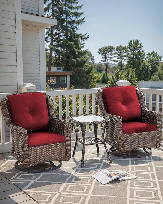 3 Piece Patio Swivel Chairs and Side Table Set - High Back Outdoor Brown Wicker Rattan Rocking Glider with Thick Cushions for Porch Apartment Deck Yard Poolside Garden - Red