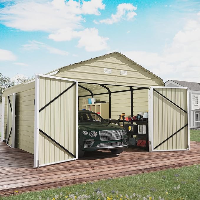 EROMMY 12x20 FT Heavy Duty Carport - Galvanized Steel Frame Car Shelter with Reinforced Base, Enclosed Storage Shed for Cars & Trucks, Gray