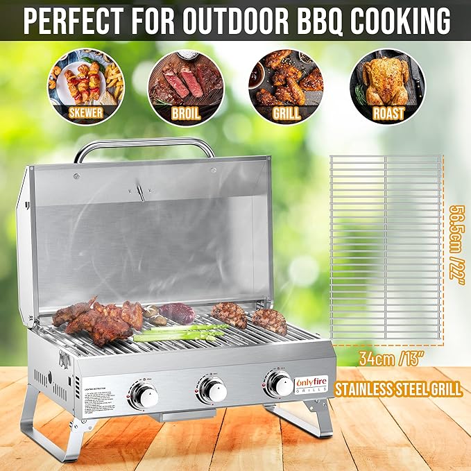 Tabletop Gas Grill 3 Burners, Portable Propane BBQ Grill with Foldable Legs for Outdoor Barbecue Patio Backyard Camping, Tailgating, RV Trip, Heavy Duty & 24000BTU, GS307