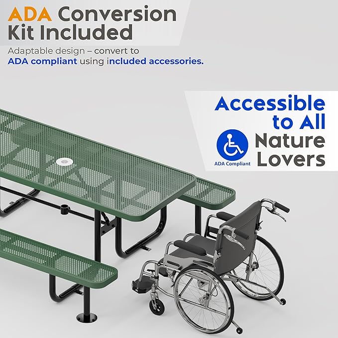 Commercial Heavy-Duty Metal Picnic Table - ADA Compliant, Adjustable Seats, Umbrella Hole (Green, 8' Rectangular, Punched Steel)