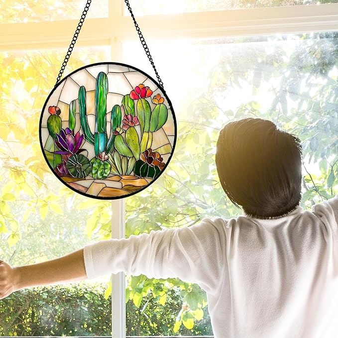 DASTOLL Stained Glass Window Hanging, White Green Cactus Suncatcher Diamond Glass Panel Hangings Sun Catchers Decor for Birthday for Women, Men, Wife, Aunt, and Mom 9.8 in