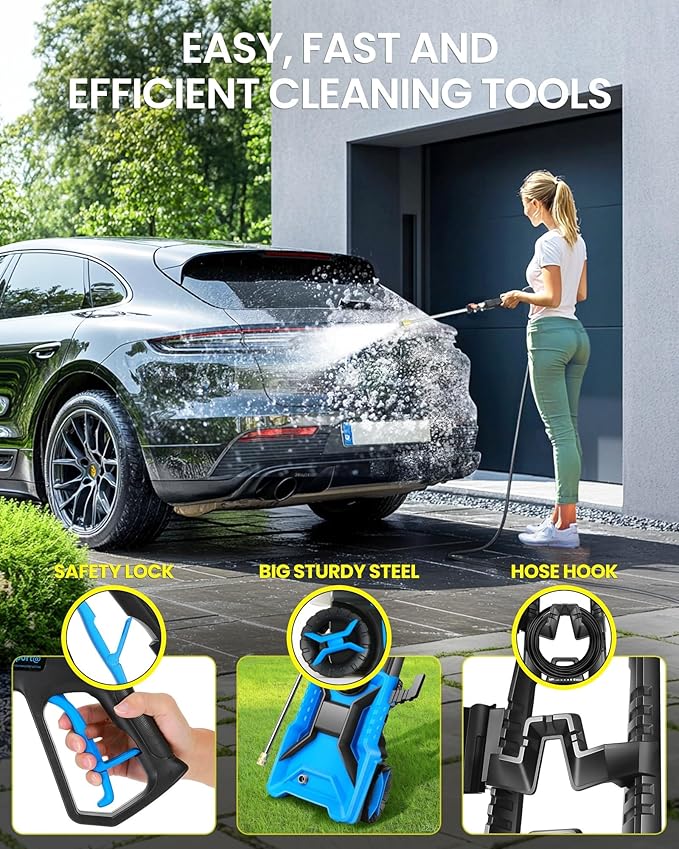 Pressure Cleaner High Power Cleaner with 33ft Pressure Hose, 4 Nozzle and 500ml Foam Cannon for Cars/Fences/Driveways/Patios/Home Cleaning (Navy Blue)
