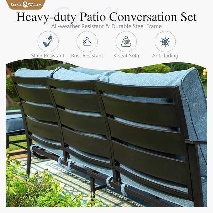 Sophia & William Patio Furniture Sets for 9 with 45" Gas Fire Pit Table Outdoor Conversation Sets 8 Pcs, 2xSofa Chairs, 2xSwivel Cushion Chairs, 1x3-Seat Sofa, 2xOttomans for Porch Poolside Navy