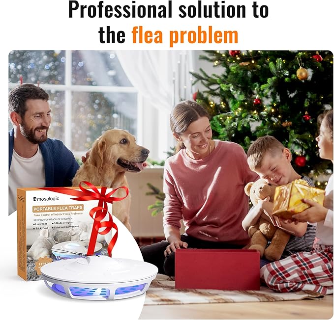 Mosalogic Electric Flea Trap and Killer for Inside Your Home Indoor Fly Light Trap-Natural and Child-Friendly Indoor Flea Control Solution for Home & Garage with 5 Glue Disc Refills