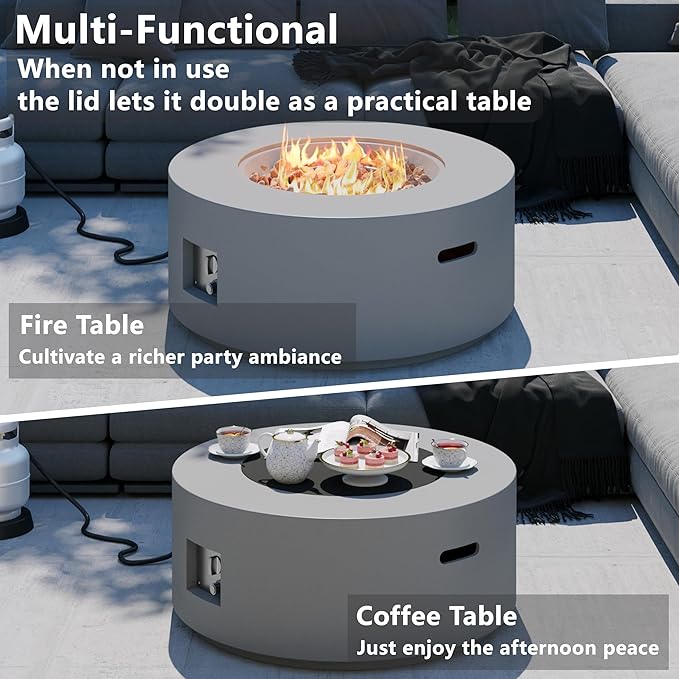 32 inch Round Propane Fire Table, 50,000 BTU Gas FirePit, Patio Fire Pit Table with Steel Lid, Rain Cover, 10ft Propane Hose, Lava Rocks, Grey