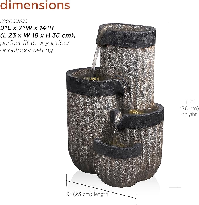 Alpine Corporation WIN1372 14" Tall Cascading Tabletop Fountain with LED Lights – Decorative Indoor Water Feature for Desk, Patio, and Home Décor, Gray