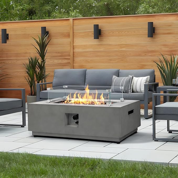 42 Inch Propane Fire Pit Table w/Wind Guard, Modern Gas Fire Pits for Outside Patio, Ignition Systems Firepit, 50,000 BTU Outdoor Fire Table for Patio Backyard Deck