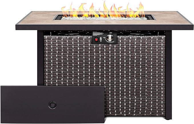 Nuu Garden 43 Inch Outdoor Propane Fire Pit Table 50000 BTU, Patio Gas Fire Pit with Ceramic Tabletop, Weather-Resistant Backyard Fire Table with Oxford Cover, Dark Brown and Coffe