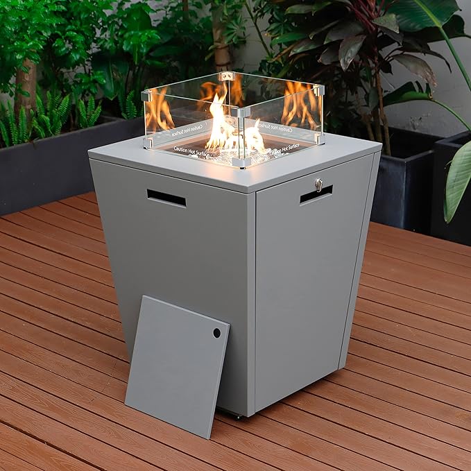 LeisureMod Chelsea 32" Modern Gas Fire Pit Table – 37,000 BTU CSA Certified Propane Steel Outdoor Table with Tempered Glass Wind Guard and Lid for Patio (Grey)