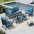 MFSTUDIO 5 Pieces Patio Conversation Sets,Outdoor Metal Furniture Sofas with 1 x 3-Seat Sofa, 2 x Rocking Chairs,2 x Ottoman,Wrought Iron Frame with Peacock Blue Cushion for Patio Courtyard Balcony