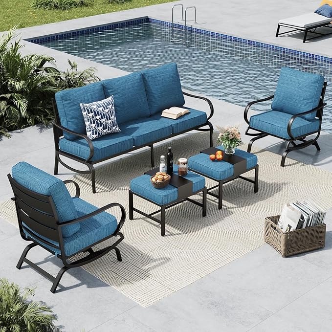 MFSTUDIO 5 Pieces Patio Conversation Sets,Outdoor Metal Furniture Sofas with 1 x 3-Seat Sofa, 2 x Rocking Chairs,2 x Ottoman,Wrought Iron Frame with Peacock Blue Cushion for Patio Courtyard Balcony