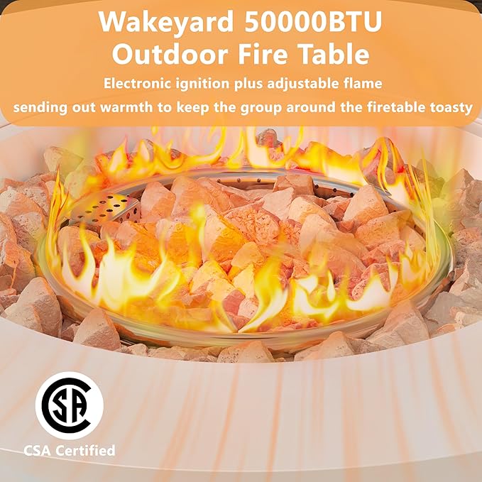 32 inch Outdoor Propane Fire Table, Round Patio Fire Pit Table, 50,000 BTU Gas FirePit with Lid, Cover, Lava Rocks, CSA Certified, White