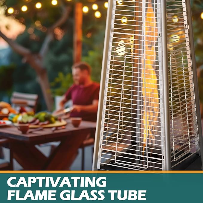 48,000 BTU Flame Pyramid Pool Heater With Cover, Triple Safety Protection with Patio Cover, Warm Glass Tube Portable Heater with Durable Wheels - Gray
