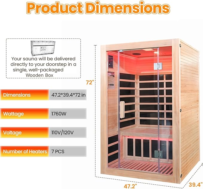 2-Person Home Infrared Sauna with Red Light Therapy & Bluetooth Speakers Dry Heat Sauna for Home & Gym 1760W 120V Low EMF with Control Panel, Indoor Personal Luxury Spa for House and Gym