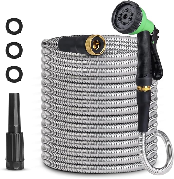 Garden Hose - Kink-Free Durable Flexible Garden Hoses with Swivel Handle and Multi-Functional Nozzles, Tangle Free, Rust Proof Lightweight Stainless Steel Metal Water Hose for Garden, Car, Lawn, Patio