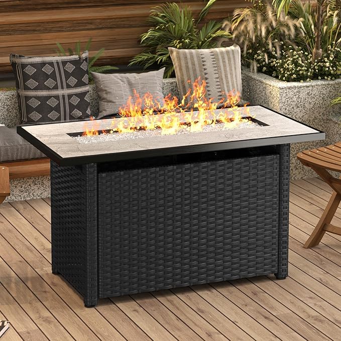 Gizoon 45" Gas Fire Pit Table, Propane Fire Pit with Glass Rocks, Waterproof Cover and Pe Rattan, Outdoor Patio Fire Pits for Backyard, Garden, Party