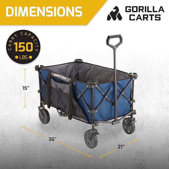 Gorilla Carts Collapsible Folding Outdoor Utility Wagon, 7 Cu Ft Oversized Bed, 150 lb Load Rating, Blue – Foldable Rolling Cart w/ Pockets & Cup Holders for Beach, Camping, Sports or Picnic