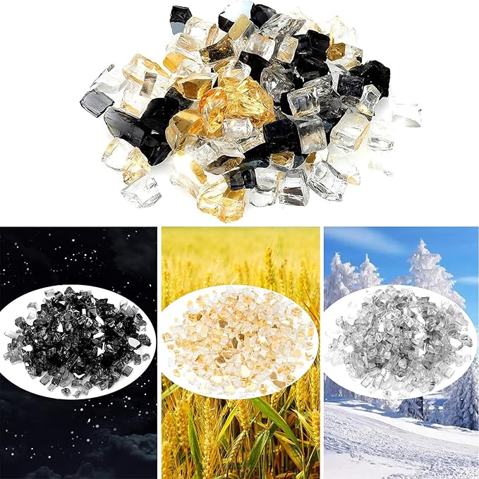 Onlyfire 10 Pounds Blended Reflective Fire Glass for Fire Pit Fireplace and Landscaping, 1/2 Inch Mixed Colored High Luster Fireglass Rocks for Outdoor and Indoor Use - Onyx Black+Platinum+Gold
