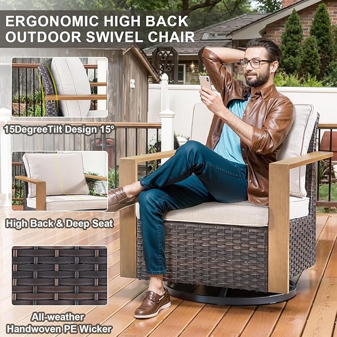 Belord 6 Piece Outdoor Patio Furniture Set with Propane Fire Pit Table, Wicker Patio Conversation Set with 2 Swivel Rocker Chairs Rattan Sofa and Removable 4" Thick Cushions for Deck Backyard