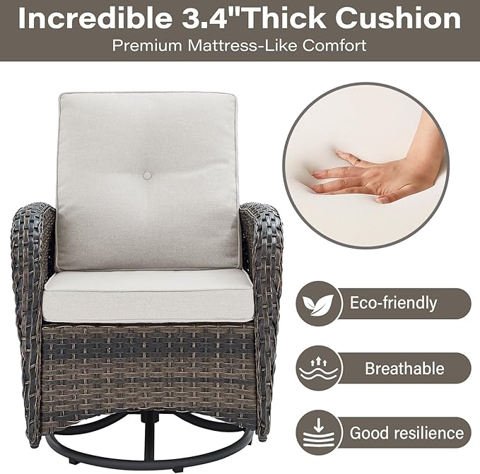 Patio Furniture Swivel Glider PE Wicker Chairs, Outdoor Swivel Rocker Seating with Cushions for Porch Deck Balcony, Brown/Beige