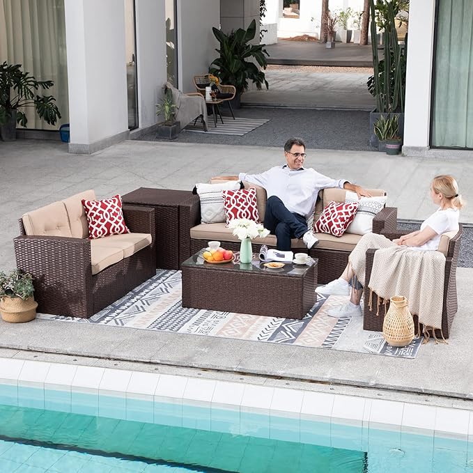 Super Patio 8 Pieces Outdoor Patio Furniture Set, Wicker Patio Conversation Sets with Storage Box, Rattan Outdoor Sectional Sofa Set with Cushions and Coffee Table for Outside Porch, Deck, Brown