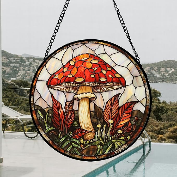 DASTOLL Stained Glass Window Hanging, Big Red Mushroom Suncatcher for Doors Home Sun Catchers Decoration and Christmas, Mother's Day Birthday Gifts for Women, Men, and Mom 14.9x14.9 in