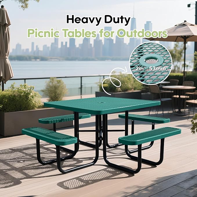 46Inch Square Picnic Table for 8 Person, Outdoor Heavy Duty Sturdy Picnic Tables with 4 Benches & Umbrella Hole, Commercial Metal Patio Picnic Table for Garden, BBQ, Coffee Store, Party, Porch (Green)