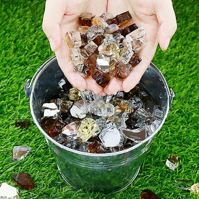 GRISUN 20 Pounds Fire Glass for Fire Pit - 1/2 inch High Luster Reflective Tempered Glass Rocks, Decorative for Natural or Propane Fireplace, Blend of Gold, Platinum and Copper