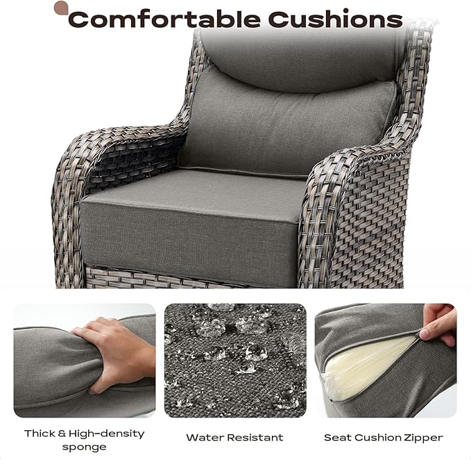Rilyson Wicker Outdoor Patio Furniture Set - 5 Piece Patio Conversation Sets with Swivel Rocker Chairs, Ottomans and Side Table, 6 inch Cushions, Waterproof Wicker, for Porch Deck Mixed Grey/Grey