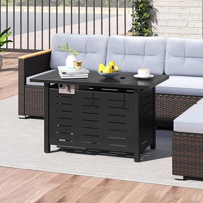 Tangkula Outdoor Propane Fire Pit Table, 40 Inch ETL Certified Outside Rectangle Gas Fire Table with Lava Rocks, Removable Lid and Protective Cover for Patio, Garden, Deck and Backyard (Black)