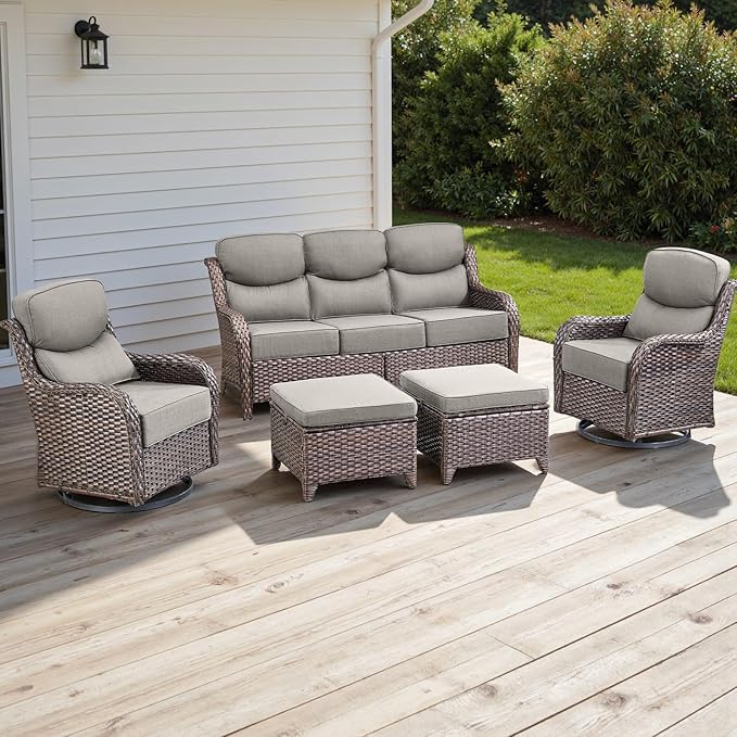 Rilyson Wicker Outdoor Patio Furniture Set - 5 Piece Patio Conversation Sets with Swivel Rocker Chairs, Ottomans and Sofa, 6 inch Cushions, Waterproof Wicker, for Porch Deck Brown/Beige