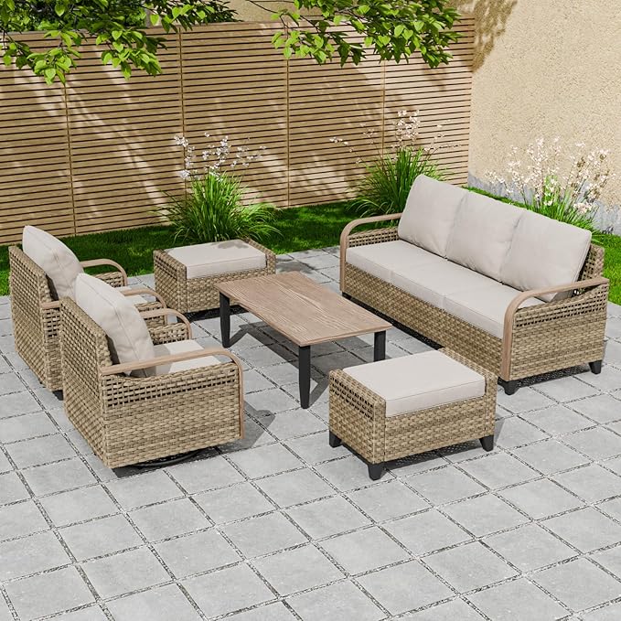 EAGLE PEAK Modern Wicker Outdoor Patio Furniture Set, Patio Conversation Set, 2 Swivel Rocking Chairs, 3-Seat Loveseat, 2 Ottomans and Coffee Table, 6 Pieces, Brown/Gray