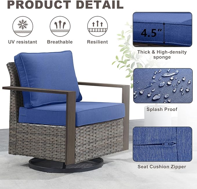 Rilyson Outdoor Wicker Patio Furniture Set - 7 Piece Patio Conversation Set with 4 Wicker Swivel Rocker Chairs,2 Rattan Ottoman and 1 Couch,Thick Cushions,Deep Seating,Wide Armrest(Mixed Grey/Blue)