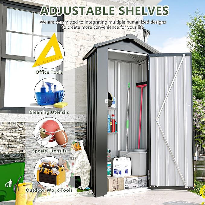 2.5x1.4 FT Outdoor Storage Shed, Tool Shed with Waterproof Roof and Lockable Door,Metal Shed with Adjustable Open Shelves for Backyard Garden Patio Lawn,Black