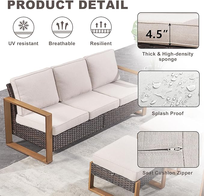 Rilyson Outdoor Couch Wicker Patio Sofa, Rattan Patio Furniture Sofa with Sturdy Frame,All-Weather PE Wicker,Wide Armrest,Deep Seating and Thick Cushions for Deck Porch Garden(Brown/Beige)