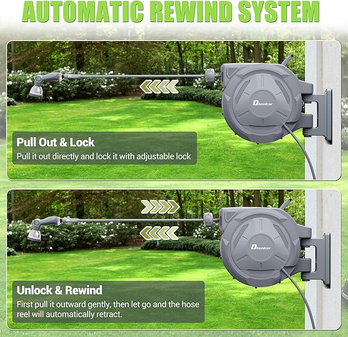 5/8" × 110 ft Retractable Hose Reel, Heavy Duty Retractable Garden Hose Reel Wall Mounted with 10-Pattern Hose Nozzle/Any Length Lock/Slow Return System/180°Swivel Bracket